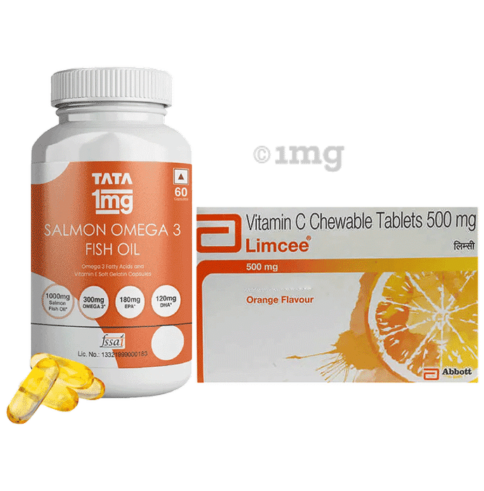 Combo Pack of Limcee Chewable Tablet Orange (15) & Tata 1mg Salmon Omega 3 Fish Oil Capsule (60)