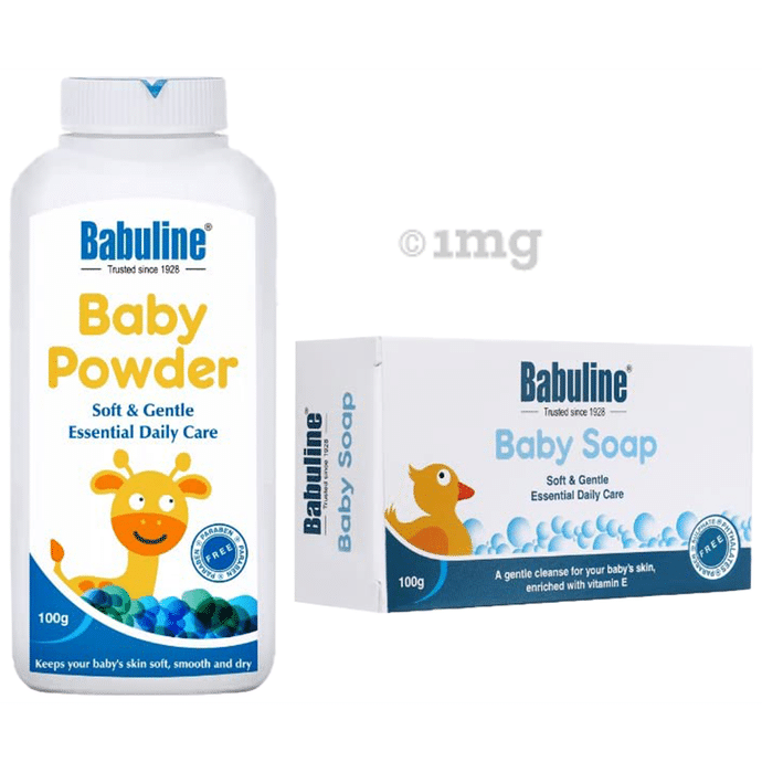 Babuline Combo Pack of Baby Powder 100gm (Pack of 2) & Baby Soap Travel 100gm (Pack of 2)