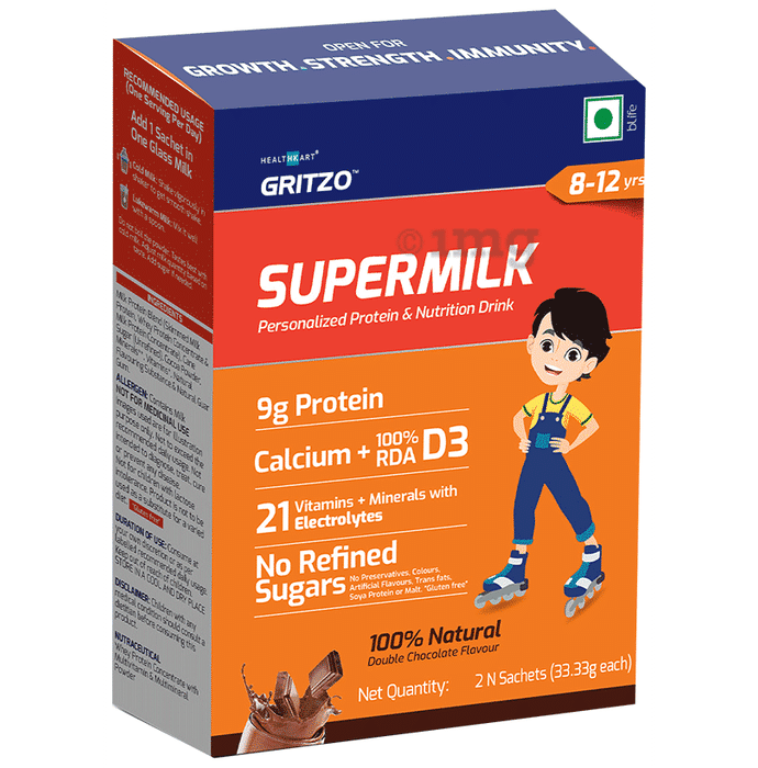 Gritzo Super Milk Protein & Nutritional Drink Sachet (33.33gm Each) Double Chocolate 8-12 years