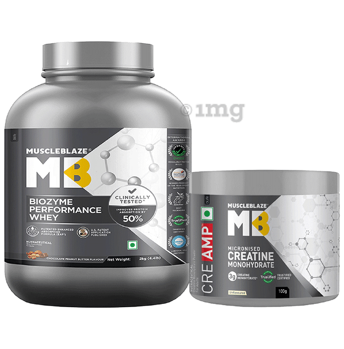 MuscleBlaze Combo Pack of Biozyme Performance Whey Protein Powder Chocolate Peanut Butter (2kg) & Creatine Monohydrate Unflavoured (100gm)