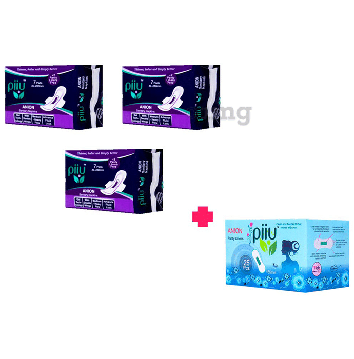 Piiu Combo Pack of 3 Anion Sanitary Pads (7 Each) with 2 Panty Liner Free and 25 Panty Liner XL