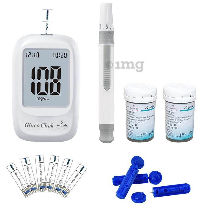 Aspen Gluco Chek Blood Glucose Glucometer Kit with 25 + 50 Strips, 10 Lancets and A Lancing Device Free