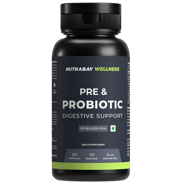Nutrabay Wellness Pre & Probiotic 50 Billion CFUs Digestive Support | For Metabolism, Immunity & Gut Health | 25 Billion CFUs Capsule