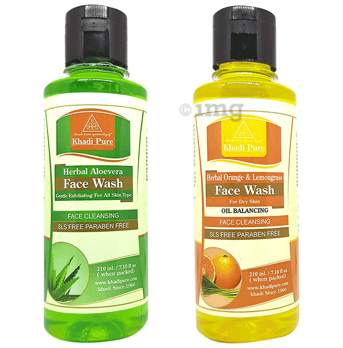 Khadi Pure Combo Pack of Herbal Aloevera Facewash & Herbal Orange & Lemongrass Facewash Sls & Paraben Free (210 ml Each)