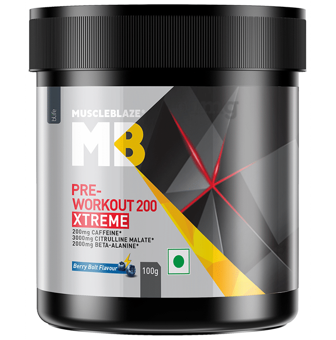 MuscleBlaze MB Pre-Workout 200 Xtreme with Caffeine, Citrulline & Beta Alanine for Sustained Energy, Endurance & Increased Muscle Pump Powder Berry Bolt