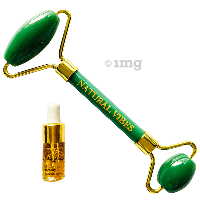 Natural Vibes Jade Roller & Massager with Gold Beauty Ellixir Oil 3ml Free