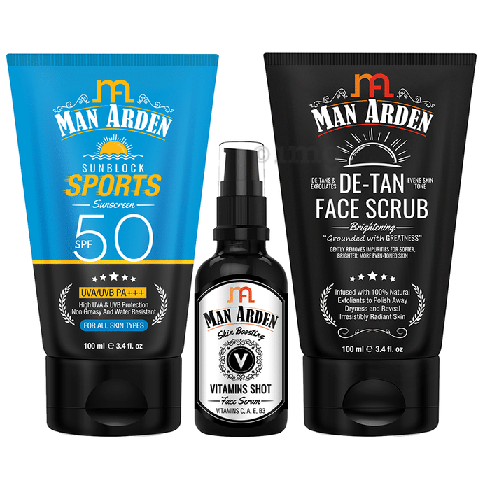 Man Arden Combo Pack of Sunblock Sports Sunscreen Spf 50 100ml, Vitamins Shot Face Serum 30ml & De-Tan Face Scrub 100ml