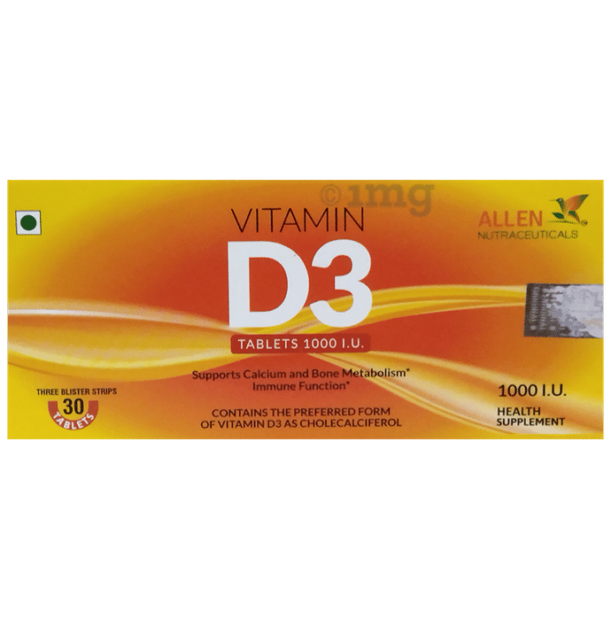 Allen Nutraceutical Vitamin D3 (Cholecalciferol) 1000 I.U for Bone Metabolism & Immunity | Tablet