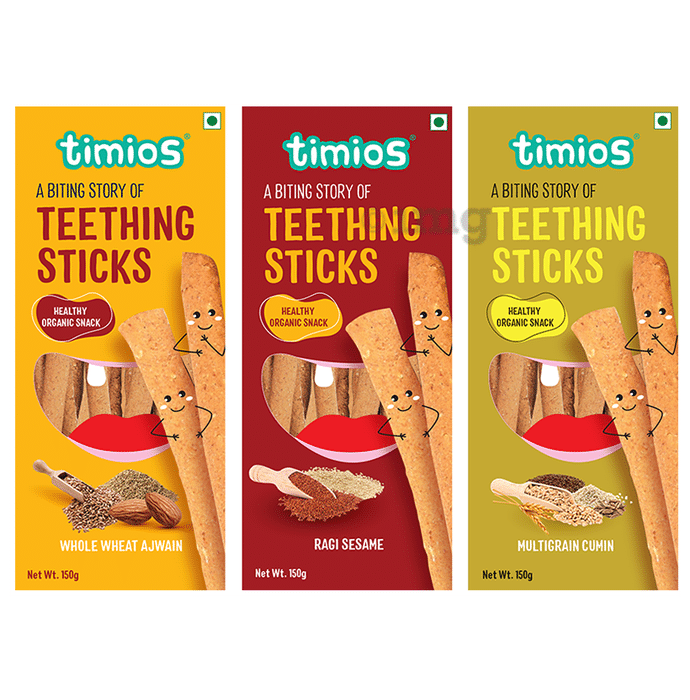 Timios Combo Pack of Teething Sticks (150gm Each) Whole Wheat Ajwain, Ragi Sesame & Multigrain Cumin