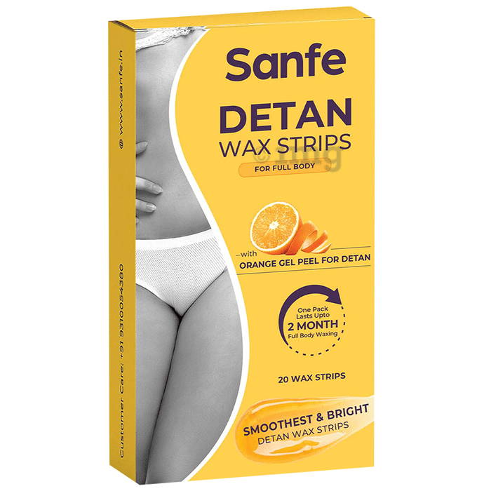 Sanfe Detan Wax Strips for Legs, Arm, Bikini Line with Orange Peel Extract