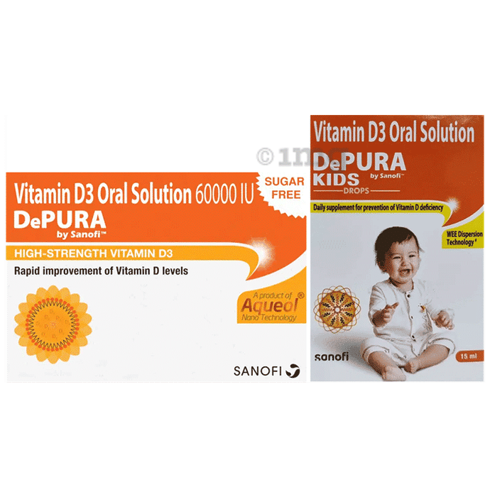 Combo Pack of Depura 60000 IU Vitamin D3 Oral Solution Sugar Free (5ml) & Depura Kids Nano Drop (15ml)