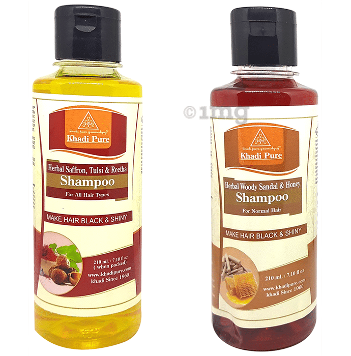 Khadi Pure Combo Pack of Herbal Saffron, Tulsi & Reetha Shampoo & Herbal Woody Sandal & Honey Shampoo (210ml Each)
