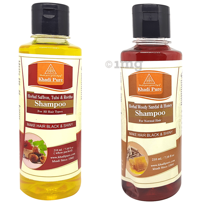 Khadi Pure Combo Pack of Herbal Saffron, Tulsi & Reetha Shampoo & Herbal Woody Sandal & Honey Shampoo (210ml Each)