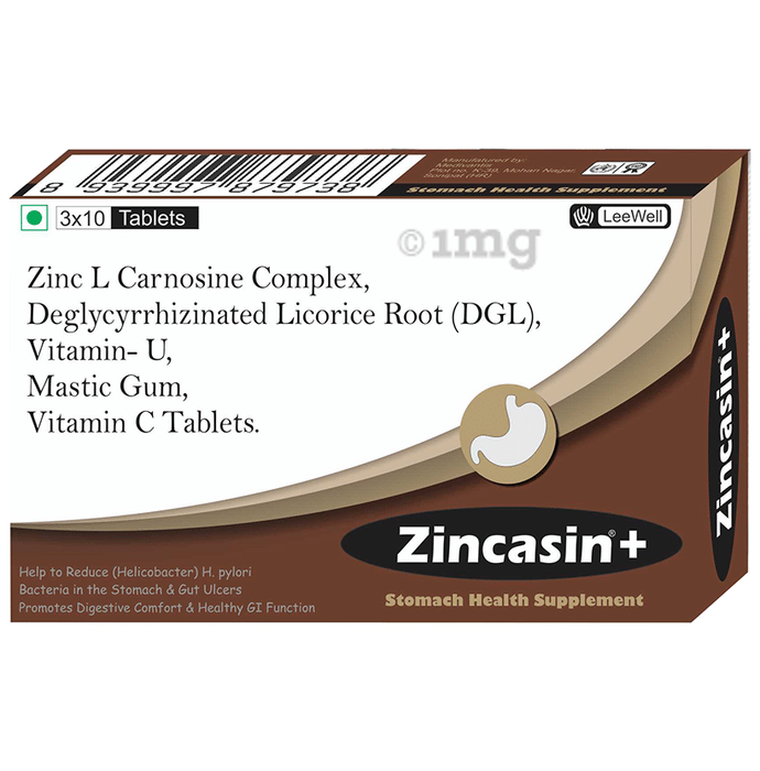 Zincasin Zincasin +Plus  Zinc L Carnosine, Mastic Gum, Vitamin U, Deglycyrrhizinated Licorice DGL Tablet for Gastric Ulcer, IBS & Gut Health