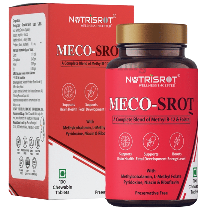 Nutrisrot MECO-SROT̖ Complete Blend of Vitamin B12 & Folate Chewable Tablet for Energy & Brain Health