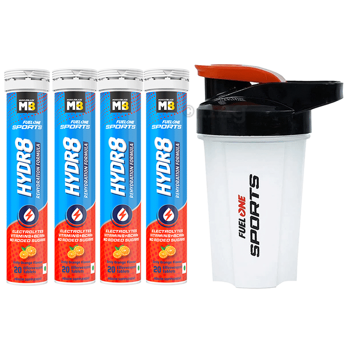 Muscleblaze MB Fuel One Sports Hydr8 Rehydration Formula Effervescent Tablet (20 Each) with Shaker 500ml Zesty Orange