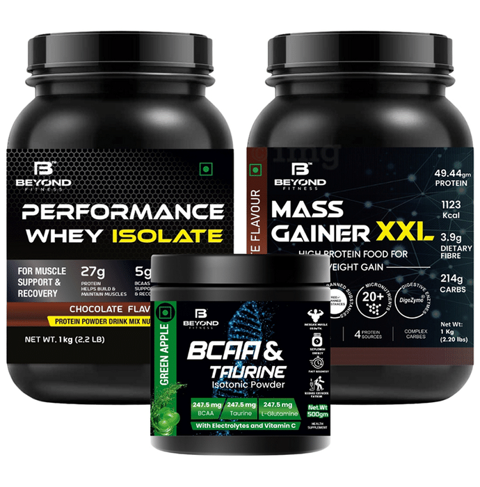Beyond Fitness Combo Pack of Mass Gainer XXL Powder (1kg), Performance Whey Isolate Protein Powder (1kg) & BCAA Taurine Isotonic Powder (500gm)