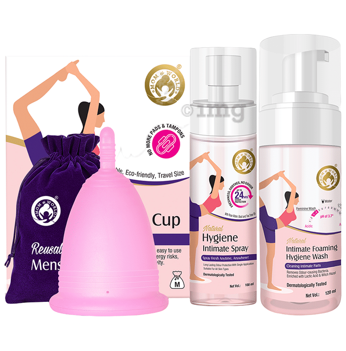 Mom & World Combo Pack of Reusable Menstrual Cup Medium, Natural Hygiene Intimate Spray 100ml and Intimate Foaming Hygiene Wash 120ml