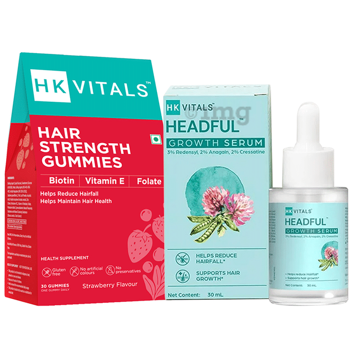 HK Vitals Combo Pack of  Hair Strength Gummies, Strawberry (30) & Headful Growth Serum (30ml)