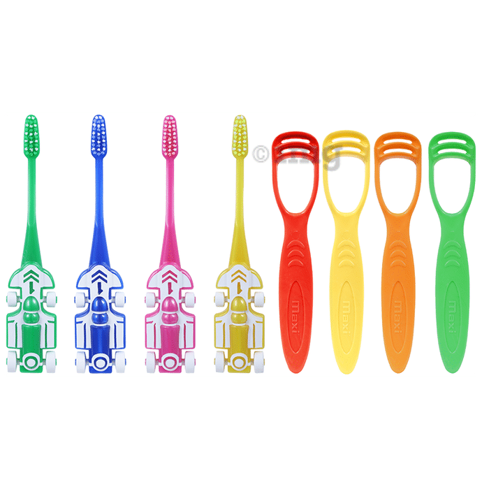 Maxi Oral Care Junior Pack of 4 Kids Zoom Car Junior Toothbrush & 4 Tongue Cleaner 1 Number