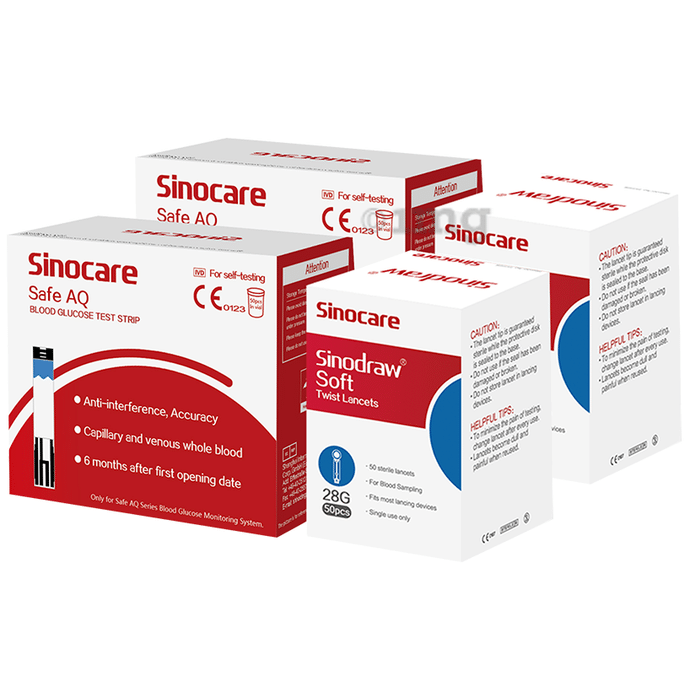 Sinocare Combo Pack of 2 Box of Safe AQ Blood Glucose Test Strip & 2 Box of Sinodraw Soft Twist Lancet (50 Each)