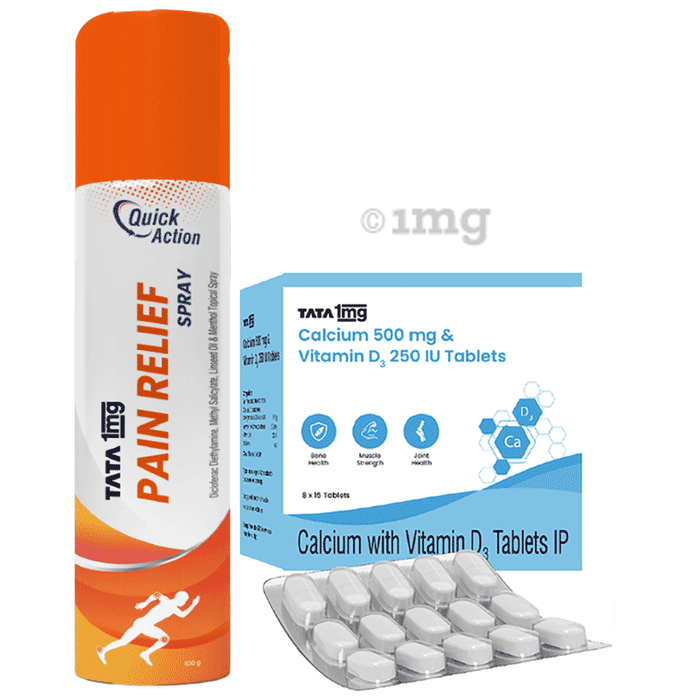 Combo Pack of Tata 1mg Pain Relief Spray (100gm) & Tata 1mg Calcium 500mg & Vitamin D3 250IU Tablet (15)