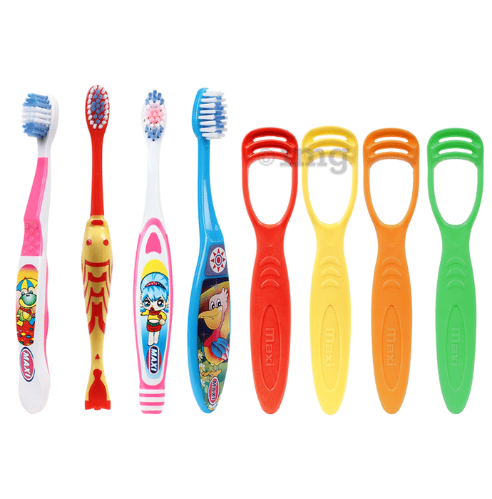Maxi Oral Care Junior Pack of 1 Toffee Junior Toothbrush, 1 Goldie Junior Toothbrush, 1 Dolls Junior Toothbrush, 1 Bunty Bubli Junior Toothbrush & 4 Tongue Cleaner 1 Number