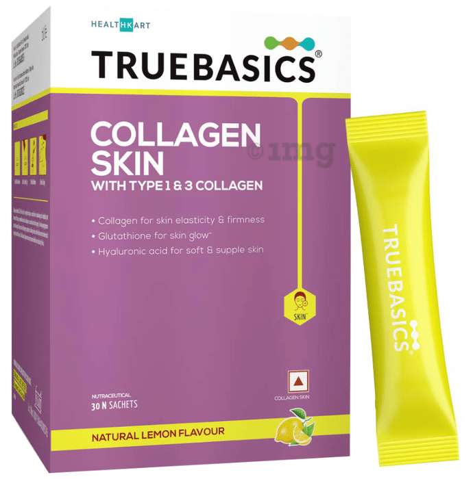 TrueBasics Lemon Collagen Beauty with Type 1 & 3 | With Glutathione & Hyaluronic Acid for Skin Health | Sachet