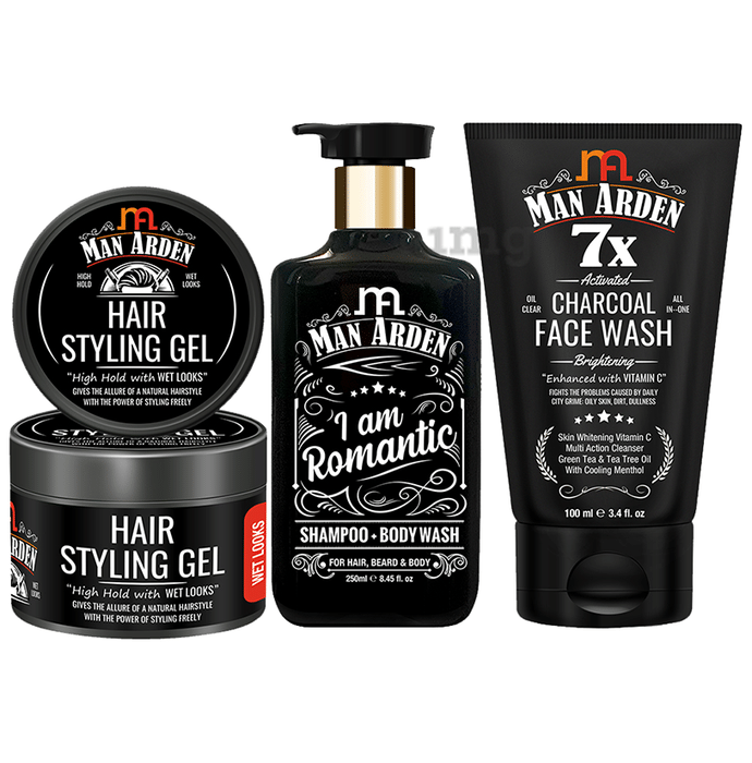 Man Arden Combo Pack of Hair Styling Gel (50gm), I Am Romantic Shampoo + Body Wash (250ml) &  Charcoal Face Wash (100ml)