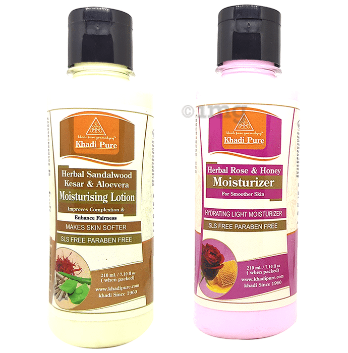 Khadi Pure Combo Pack of Herbal Rose & Honey Moisturizer & Herbal Sandalwood Kesar & Aloevera Moisturising Lotion SLS Free & Paraben Free (210ml Each)