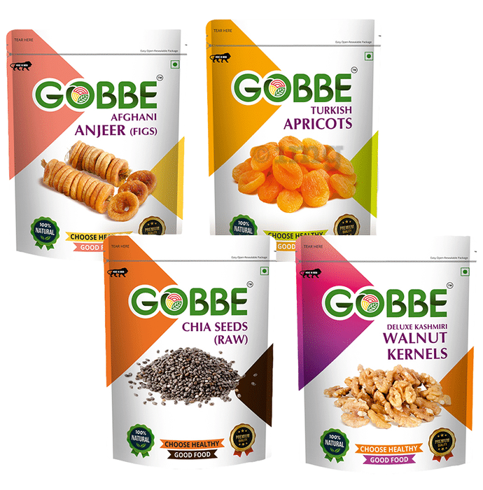Combo Pack of Gobbe Afghani Anjeer (Figs), Turkish Apricots, Chia Seeds (Raw), Deluxe Kashmiri Walnut Kernels (200gm Each)