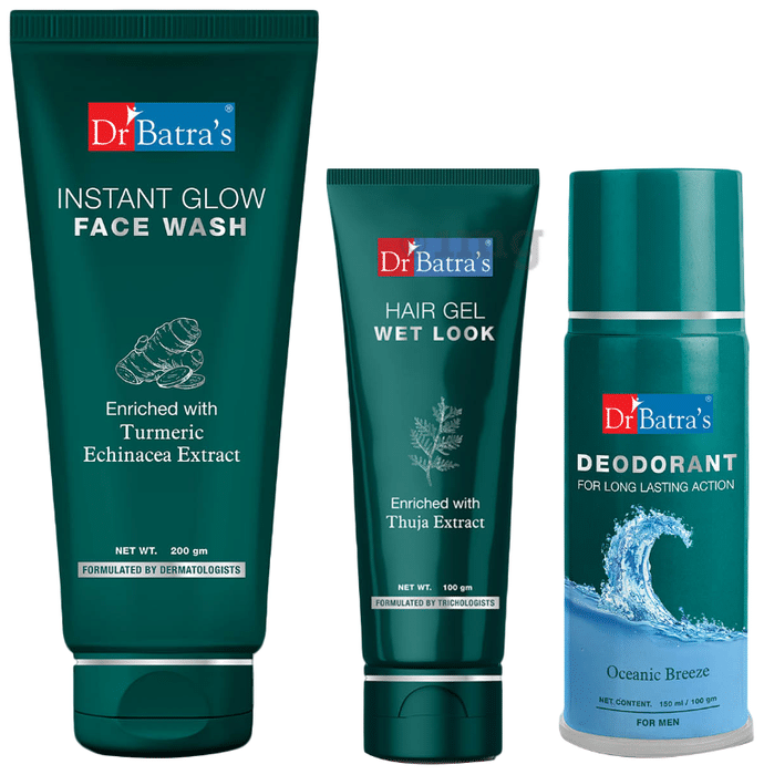 Dr Batra's Combo Pack of Deodorant for Men 150ml, Instant Glow Face Wash 200gm and Hair Gel Wet Look 100gm