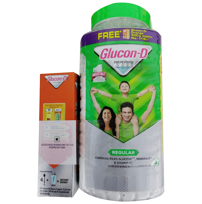 Glucon-D with Glucose, Calcium, Vitamin C & Sucrose | Flavour Regular with 300gm Glucon-D Refill Tangy Orange Free