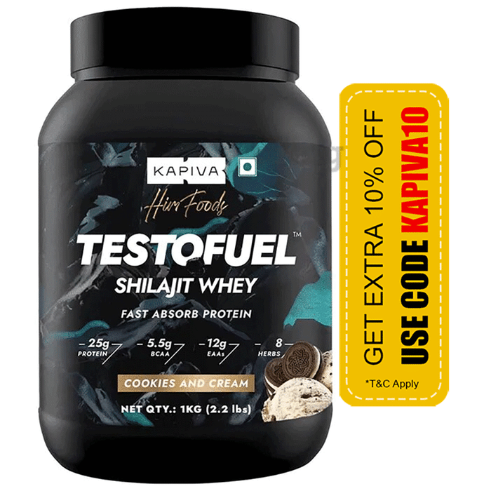 Kapiva TestoFuel Shilajit Whey Protein Powder| Digezyme | Faster Absorption | Boosts Stamina |25gm Protein| Cookies and Cream