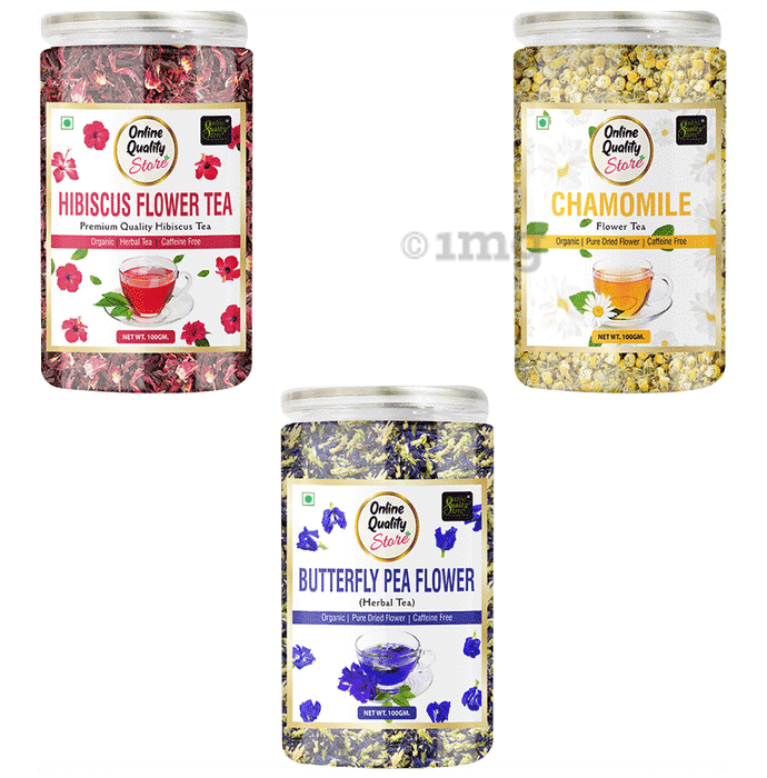 Online Quality Store Combo Pack of Chamomile Flower Tea, Hibiscus Flower Tea & Butterfly Pea Flower Herbal Tea (100gm Each)