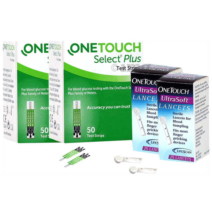Combo Pack of 2 Boxes of OneTouch Select Plus Test Strip (50 Each) & 2 Boxes of OneTouch Ultrasoft Lancets (25 Each)