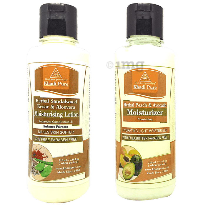 Khadi Pure Combo Pack of Herbal Peach & Avocado Moisturizer & Herbal Sandalwood Kesar & Aloevera Moisturising Lotion SLS Free & Paraben Free (210ml Each)