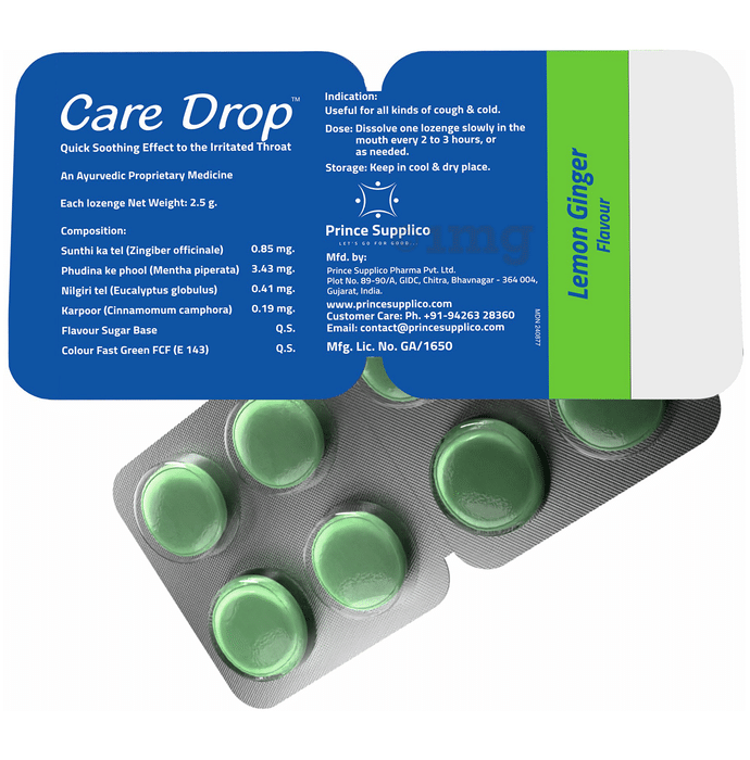 Care Drop Lozenges | Quick Soothing Effect to the Irritated Throat (8 Each) Lemon Ginger