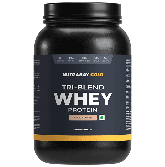 Nutrabay Gold Tri-Blend Whey Protein for Muscle Recovery & Immunity | No Added Sugar | Flavour Powder Cold Coffee