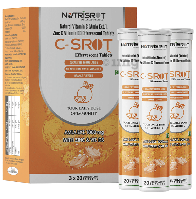 Nutrisrot C-SROT Vitamin C (Amla Ext. 1000mg), D3 & Zinc Effervescent Tablet
