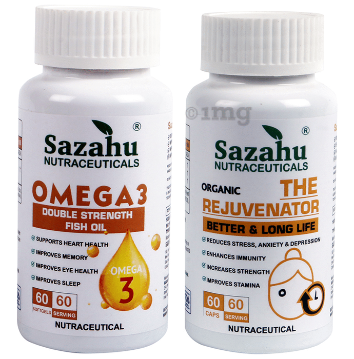 Sazahu Combo Pack of Omega 3 Double Strength Fish Oil Softgel & The Rejuvenator Capsule (60 Each)