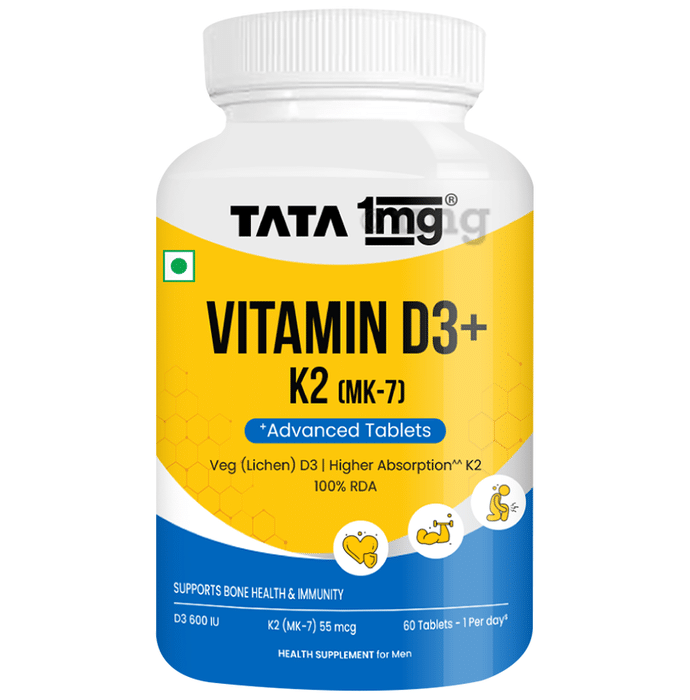 Tata 1mg Vitamin D3+K2 (MK 7 ) Advanced Tablet | for Stronger Bones and Immunity | 600 IU Vitamin D3 + 55 mcg K2