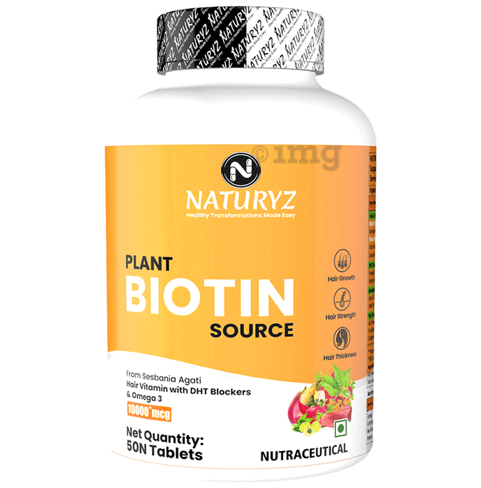 Naturyz 10000mcg 100% Plant Biotin Tablets with DHT Blocker & Omega for Nails, Hair & Skin