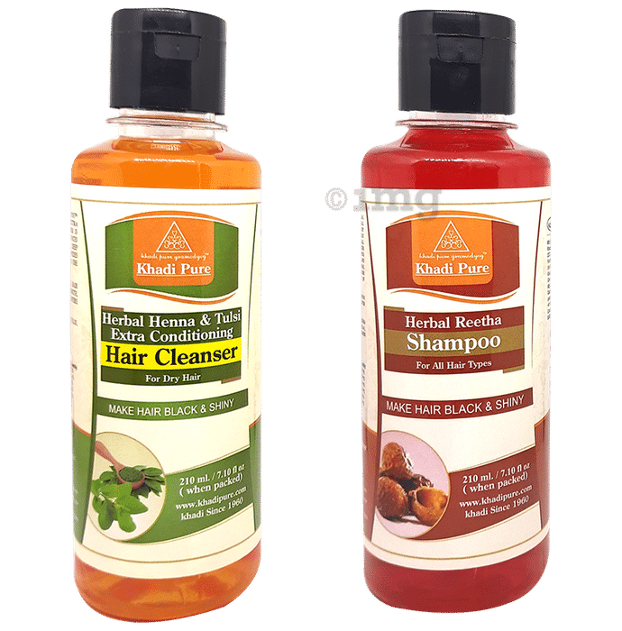 Khadi Pure Combo Pack of Herbal Heena & Tulsi Extra Conditioning Cleanser & Herbal Reetha Shampoo (210ml Each)