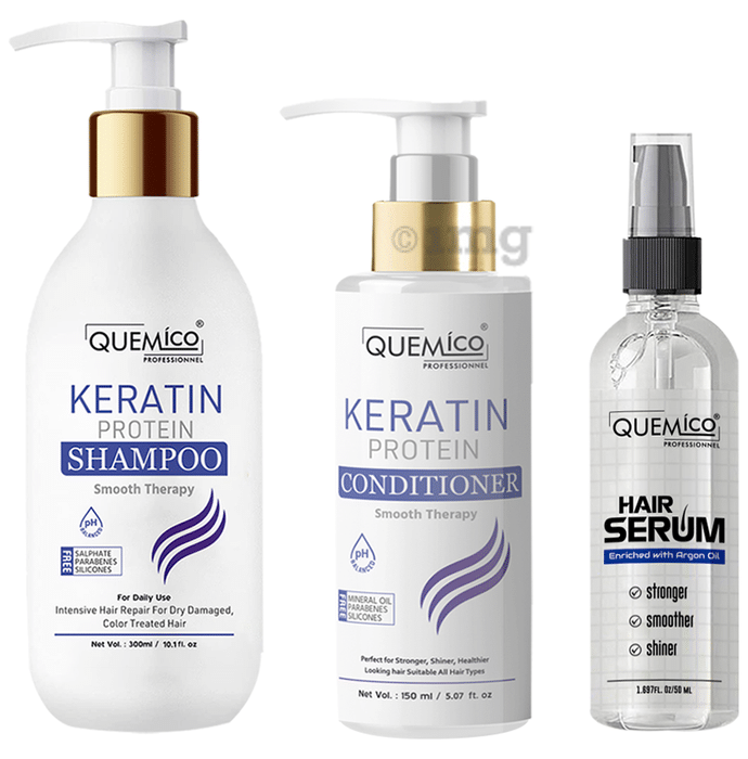 Quemico Professionnel Combo Pack of Keratin Protein Sulphate Free Shampoo (300ml), Keratin Protein Sulphate Free Conditioner (150ml) & Hair Serum (50ml)