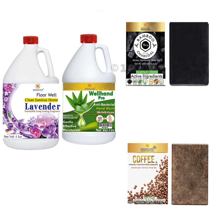 Indian Life Combo Pack of Floor Well Disinfectant Lavender (1Ltr) & Wellhand Pro Hand Wash (1Ltr) with Charcoal Soap (50gm) & Neem and Turmeric Soap (100gm) Free