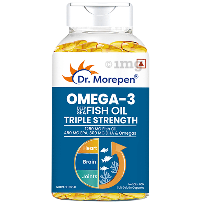 Dr. Morepen Triple Strength Omega 3 Fish Oil 1250mg Softgel with Vitamin E | For Heart & Brain Function | Bone, Joint & Muscle Care