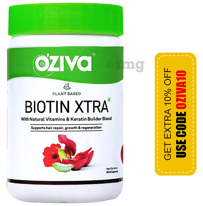 Oziva Plant Based Biotin Xtra with Natural Vitamin & Keratin Builder Blend Capsule for Hair Repair, Growth & Regeneration