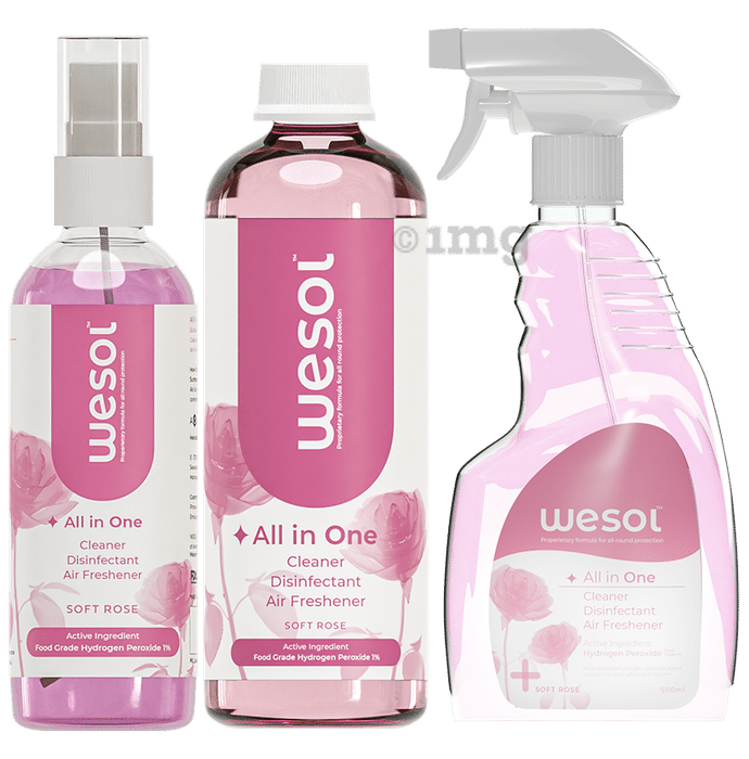 Wesol Combo Pack of All in One Multi Surface Cleaner Liquid, Disinfectant and Air Freshner Spray (500ml & 100ml) with Refill Pack of 500ml Soft Rose