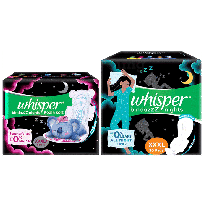 Combo Pack of Whisper Bindazzz Nights Pads XXXL (20 Each) & Whisper Bindazzz Nights Koala Soft Pads XXXL+ (8 Each)